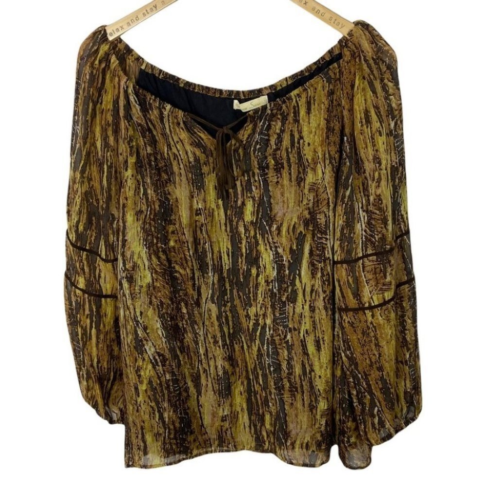 Anthropologie Love Sam Leather Silk Animal Print Peasant Boho Blouse Top Small S